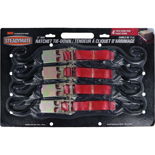 Ratchet Utility Straps, S-Hook, 1" W x 12' L, 500 lbs. (230 kg) Working Load Limit Equipment World