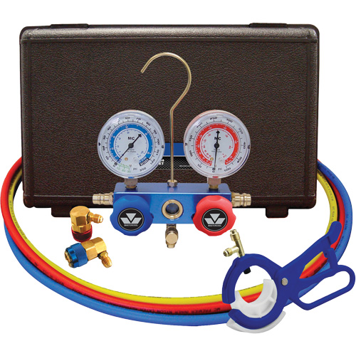 Jeu de manom&egrave;tres collecteurs &agrave; deux voies R134A pour automobile avec coupleurs et robinet perce-canette lat&eacute;rale 3-en-1 Equipment World