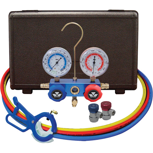 Automotive Manifold Gauge Set with Manual Couplers & 3-in-1 Side Mount Can Tap Valve Equipment World