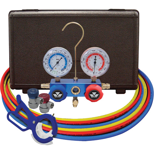 Dual Manifold Gauge Set with Manual Couplers & 3-in-1 Side Mount Can Tap Valve Equipment World