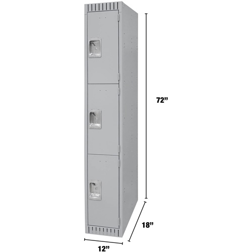 Lockers, 3 -tier, 12" x 18" x 72", Steel, Grey, Knocked Down Equipment World