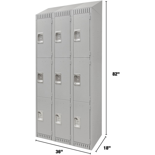 Lockers, 3 -tier, Bank of 3, 36" x 18" x 82", Steel, Grey, Knocked Down Equipment World