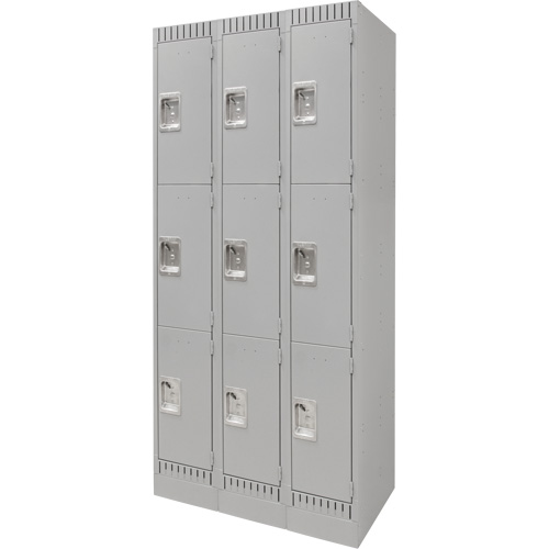 Lockers, 3 -tier, Bank of 3, 36" x 18" x 76", Steel, Grey, Knocked Down Equipment World
