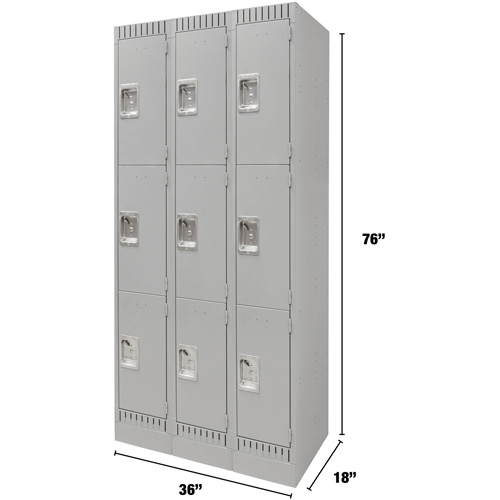 Lockers, 3 -tier, Bank of 3, 36" x 18" x 76", Steel, Grey, Knocked Down Equipment World