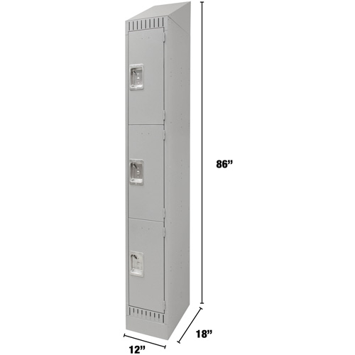 Lockers, 3 -tier, 12" x 18" x 86", Steel, Grey, Knocked Down Equipment World