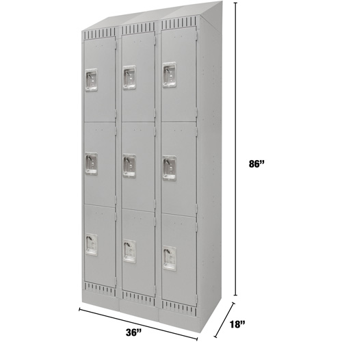 Lockers, 3 -tier, Bank of 3, 36" x 18" x 86", Steel, Grey, Knocked Down Equipment World