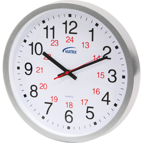 12/24 H Clock, Analog, Battery Operated, 12", Silver Equipment World