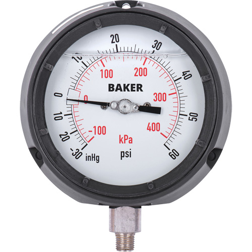 Pressure Gauge, 4-1/2" , 30"-0-60 psi, Bottom Mount, Liquid Filled Analogue Equipment World