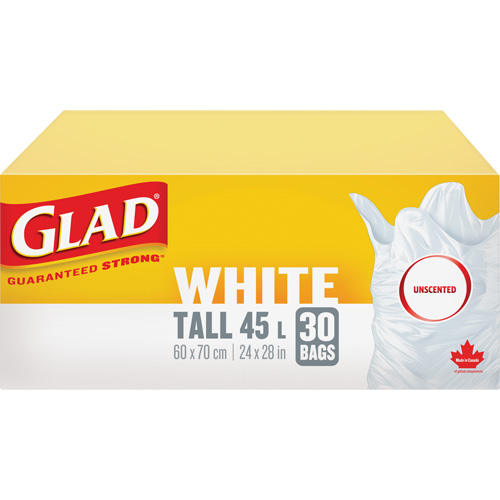 Tall 45L Unscented Garbage Bags, Regular, 24" W x 28" L, White Equipment World