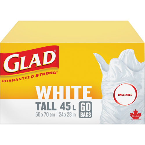 Tall 45L Unscented Garbage Bags, Regular, 24" W x 28" L, White Equipment World