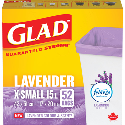 Glad&reg; Lavender Coloured & Scented Bags, Strong, 17" W x 20" L, Purple, 15 L (3.96 Gal.) Capacity Equipment World