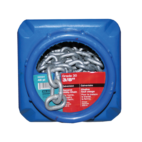 Hot-Dipped Galvanized Chains, Carbon Steel, 3/8" x 45' (13.7 m) L, Grade 30, 2650 lbs. (1.325 tons) Load Capacity Equipment World