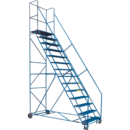 CSA-Certified Rolling Step Ladder with Locking Step, 14 Steps, 30" Step Width, 128" Platform Height, Steel Equipment World