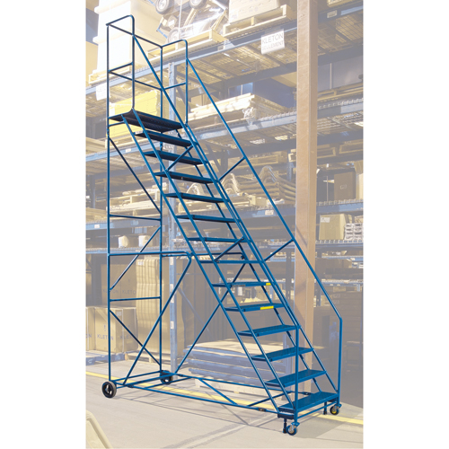 CSA-Certified Rolling Step Ladder with Locking Step, 14 Steps, 30" Step Width, 128" Platform Height, Steel Equipment World