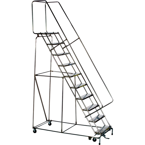 Lockstep Rolling Ladders, 9 Steps, 24" Step Width, 90" Platform Height, Stainless Steel Equipment World