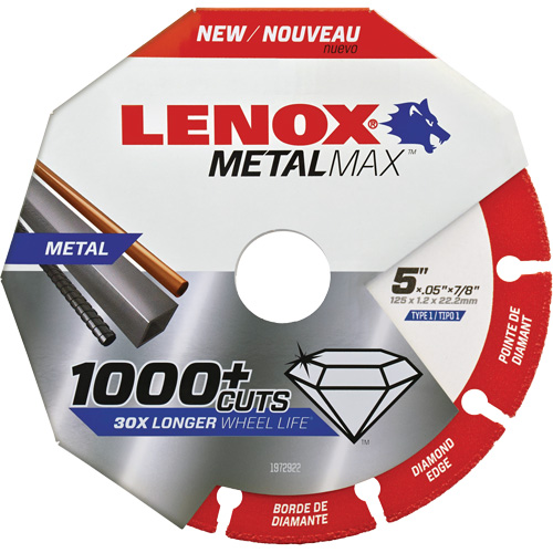 Meule de tronçonnage des m&eacute;taux MetalMax, 5" x 0,05", Arbre de 7/8", Type 1, Losange, 12 200 Tr/min Equipment World