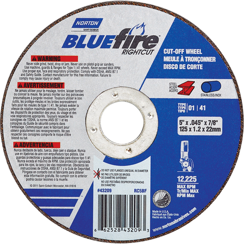 Meule a tronconner BlueFire, 4-1/2" x 0,045"/1/16", Arbre de 7/8", Type 01/41, Oxyde d'aluminium/Zirconium, 13580 Tr/min Equipment World