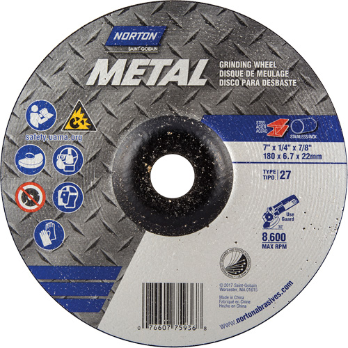 Depressed Centre Metal Grinding Wheels, 7" x 1/4", 7/8" Arbor, Aluminum Oxide, Type 27 Equipment World