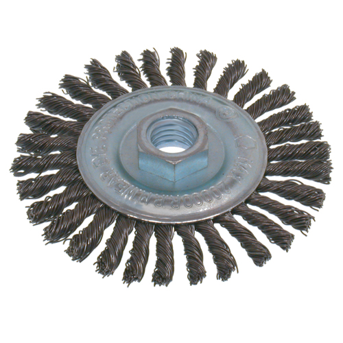 Brosses &eacute;conomiques &agrave; fil nou&eacute;s &agrave; haute vitesse pour cordons de soudure, Dia. 6", Fils 0,02", Arbre 5/8"-11, Acier inoxydable Equipment World