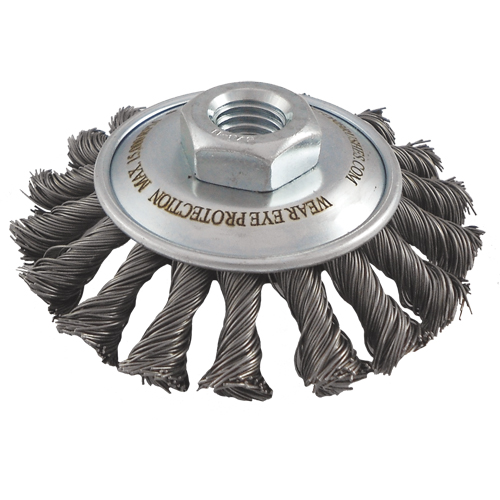 Brosses soucoupes &agrave; fils nou&eacute;s, Dia. 4", Fils 0,02", Arbre 5/8"-11, Acier Equipment World