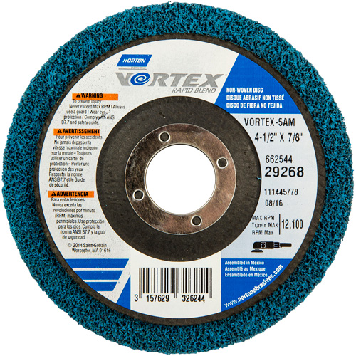 Vortex Non-Woven Disc, 4-1/2" Dia. x 1/2" W, 7/8" Arbor, Aluminum Oxide Equipment World