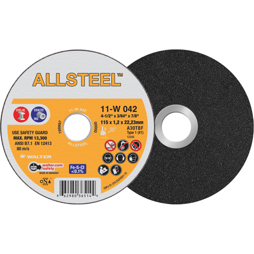 AllSteel Cut-Off Wheel, 4-1/2" x 3/64", 7/8" Arbor, Type 1, Aluminum Oxide, 13300 RPM Equipment World