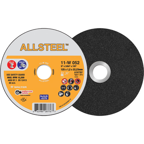 AllSteel Cut-Off Wheel, 5" x 3/64", 7/8" Arbor, Type 1, Aluminum Oxide, 12250 RPM Equipment World