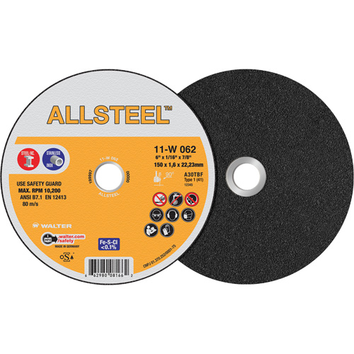AllSteel Cut-Off Wheel, 6" x 1/16", 7/8" Arbor, Type 1, Aluminum Oxide, 10200 RPM Equipment World