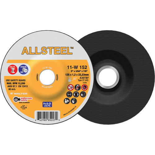 AllSteel Cut-Off Wheel, 5" x 3/64", 7/8" Arbor, Type 27, Aluminum Oxide, 12250 RPM Equipment World