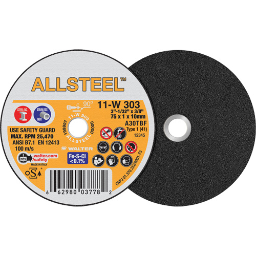AllSteel Mini Cut-Off Wheel, 3" x 1/32", 3/8" Arbor, Type 1, Aluminum Oxide, 25470 RPM Equipment World