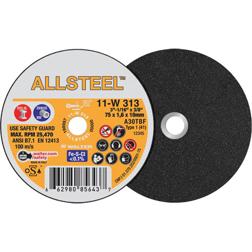 AllSteel Mini Cut-Off Wheel, 3" x 1/16", 3/8" Arbor, Type 1, Aluminum Oxide, 25470 RPM Equipment World