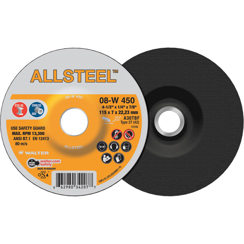 Meule AllSteel, 4-1/2" x 1/4", Arbre 7/8", Oxyde d'aluminium, Type 27 Equipment World