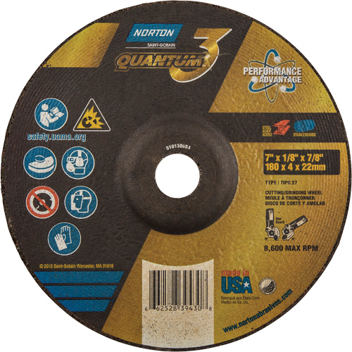 Quantum3 Grinding & Cutting Wheel, 7" x 1/8", 7/8" Arbor, Type 27, 24 Grit, Ceramic Alumina Equipment World