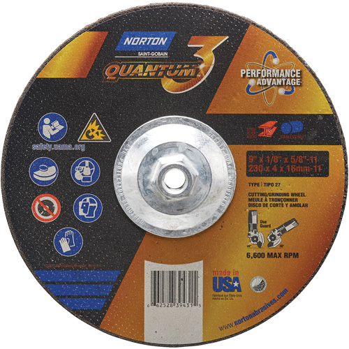 Quantum3 Grinding & Cutting Wheel, 9" x 1/8", 5/8"-11 Arbor, Type 27, 24 Grit, Ceramic Alumina Equipment World