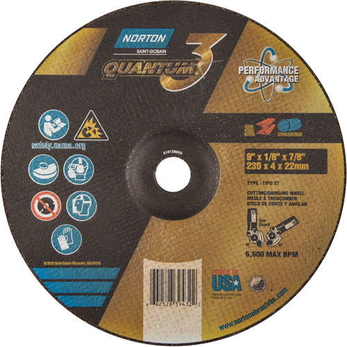 Quantum3 Grinding & Cutting Wheel, 9" x 1/8", 7/8" Arbor, Type 27, 24 Grit, Ceramic Alumina Equipment World
