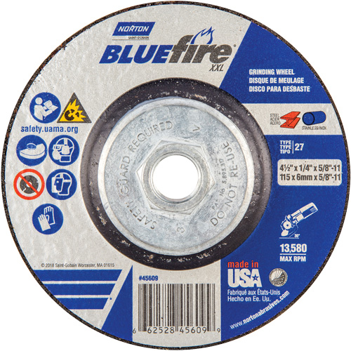 BlueFire&reg; XXL Grinding Wheel, 4-1/2" x 1/4", 5/8" Arbor, Ceramic Alumina, Type 27 Equipment World