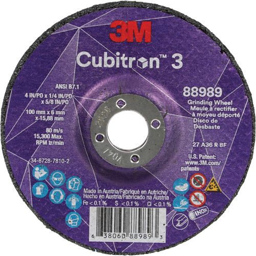 Cubitron 3 Depressed Centre Grinding Wheel, 4" x 1/4", 5/8" Arbor, Ceramic, Type T27 Equipment World