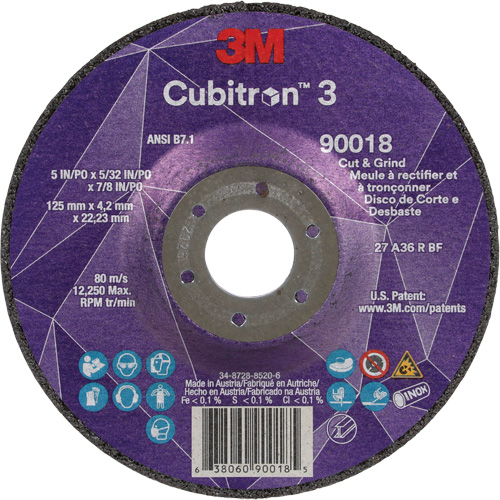 Meule &agrave; couper & tronçonner Cubitron 3, 5" x 5/32", Arbre de 7/8", Type T27, Grain de 36+, C&eacute;ramique Equipment World