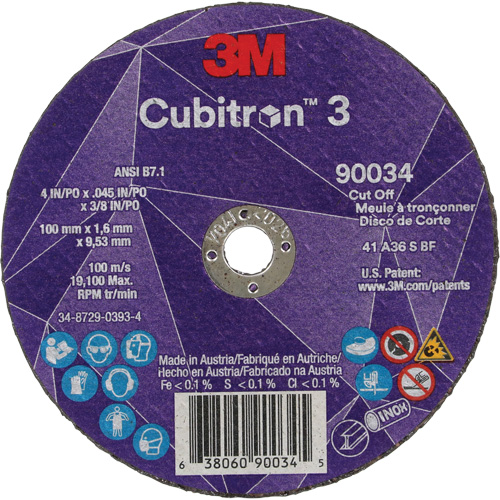 Meule &agrave; tronçonner Cubitron 3, 4" x 0,045", Arbre de 3/8", Type T1, C&eacute;ramique, 21000 Tr/min Equipment World