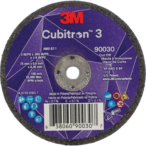 Cubitron 3 Cut-Off Wheel, 3" x 0.035", 1/4" Arbor, Type T1, Ceramic, 21000 RPM Equipment World