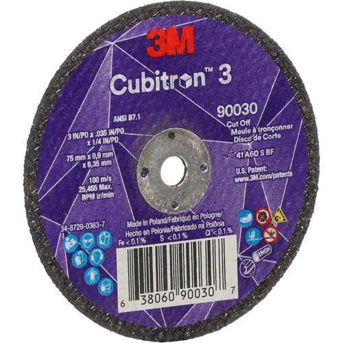 Cubitron 3 Cut-Off Wheel, 3" x 0.035", 1/4" Arbor, Type T1, Ceramic, 21000 RPM Equipment World