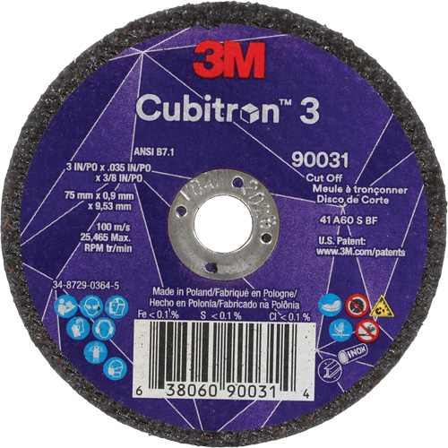 Meule &agrave; tronçonner Cubitron 3, 3" x 0,035", Arbre de 3/8", Type T1, C&eacute;ramique, 21000 Tr/min Equipment World