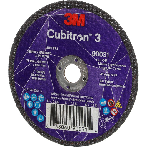 Meule &agrave; tronçonner Cubitron 3, 3" x 0,035", Arbre de 3/8", Type T1, C&eacute;ramique, 21000 Tr/min Equipment World