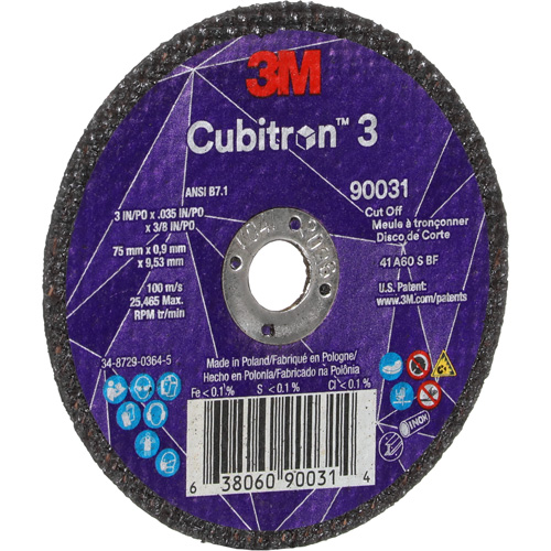 Meule &agrave; tronçonner Cubitron 3, 3" x 0,035", Arbre de 3/8", Type T1, C&eacute;ramique, 21000 Tr/min Equipment World
