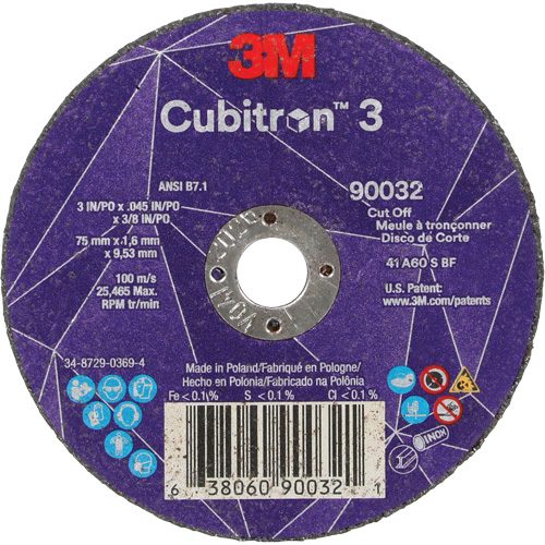 Cubitron 3 Cut-Off Wheel, 3" x 0.045", 3/8" Arbor, Type T1, Ceramic, 21000 RPM Equipment World