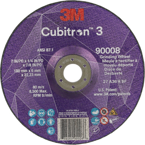 Cubitron 3 Depressed Centre Grinding Wheel, 7" x 1/4", 7/8" Arbor, Ceramic, Type T27 Equipment World