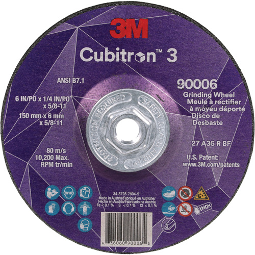 Cubitron 3 Depressed Centre Grinding Wheel, 6" x 0.25", 5/8"-11 Arbor, Ceramic, Type T27 Equipment World