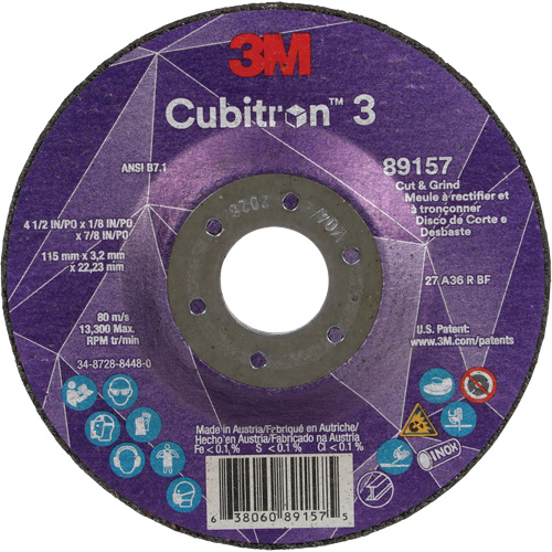 Cubitron 3 Cut and Grind Wheel, 4-1/2" x 1/8", 7/8" Arbor, Type 27, 36 Grit, Ceramic Equipment World