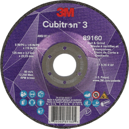 Cubitron 3 Cut and Grind Wheel, 5" x 1/8", 7/8" Arbor, Type 27, 36 Grit, Ceramic Equipment World