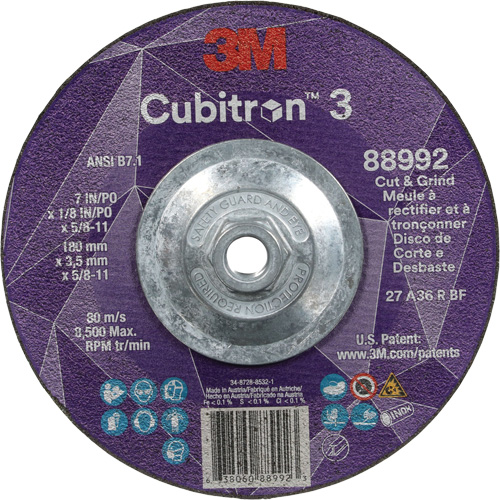 Cubitron 3 Cut and Grind Wheel, 7" x 1/8", 5/8"-11 Arbor, Type 27, 36 Grit, Ceramic Equipment World
